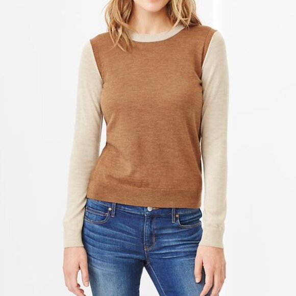 Gap Extra Fine Merino Wool Colorblock Crewneck Sweater in Heather Camel sz L - Picture 1 of 9